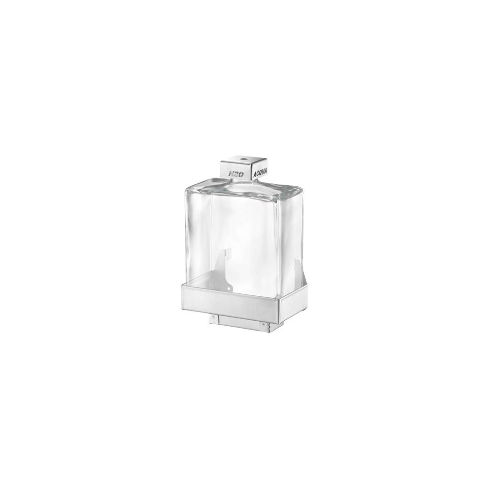 Ein klarer Glasbehälter mit silbernem Sockel und Deckel, beschriftet mit H2O ACQUA.