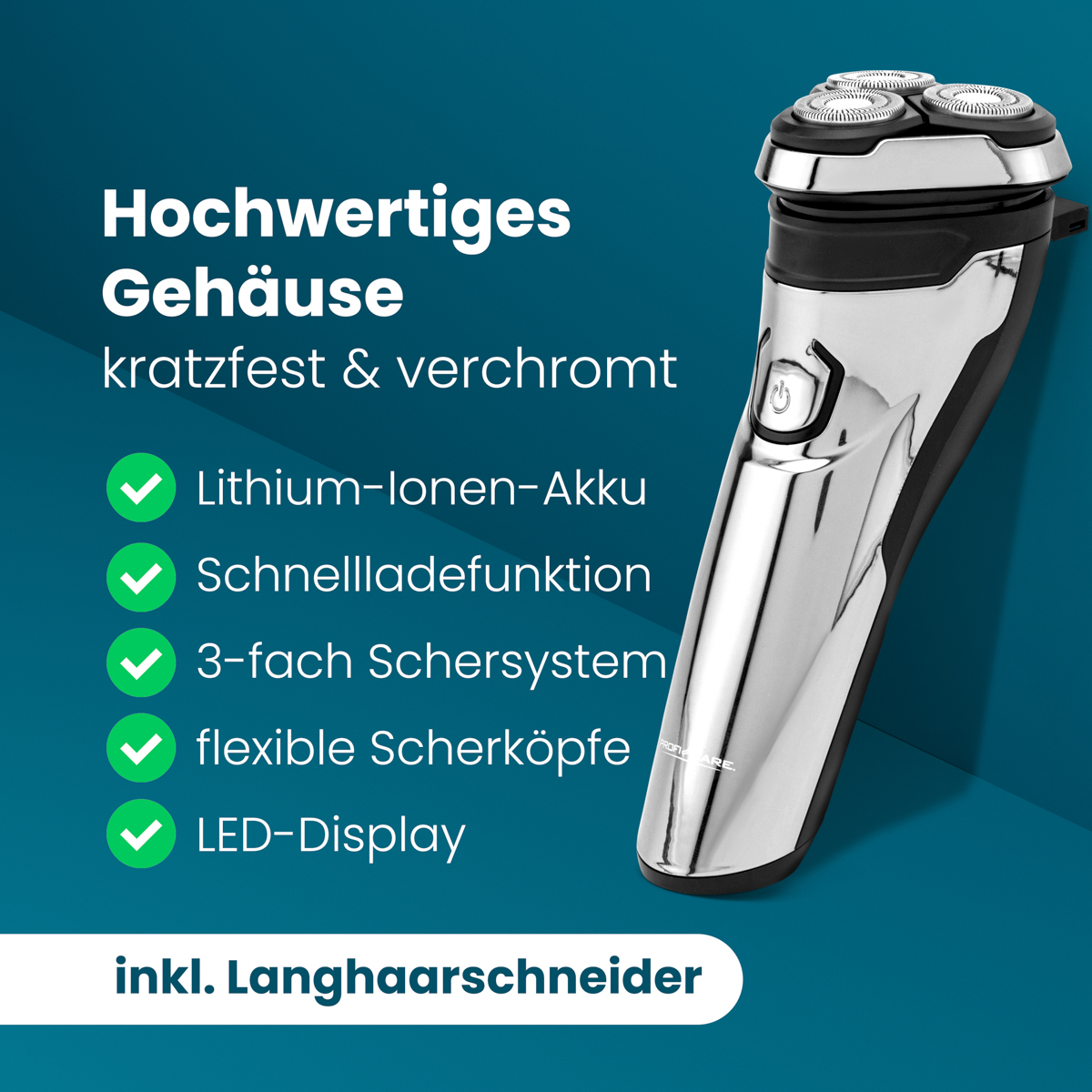 Elektrischer Rasierer mit Chromgehäuse, Lithium-Akku, Schnellladung und LED.