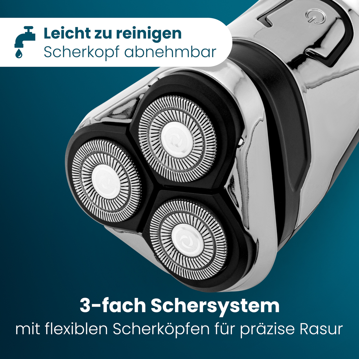 Ein moderner Rasierer mit drei runden Scherköpfen und Text.