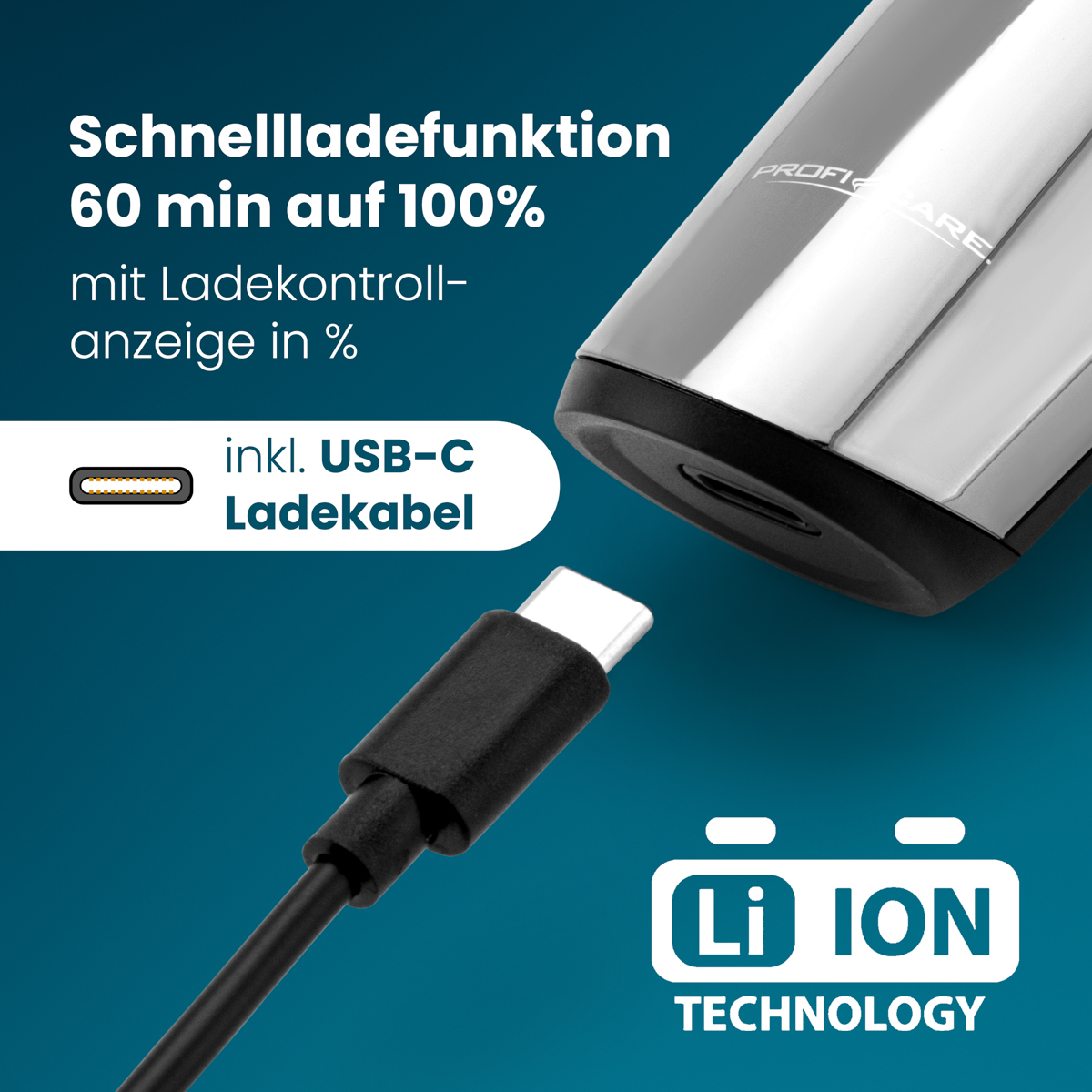 Schnellladen mit USB-C. 60 Min auf 100%. Li-Ion Technologie.