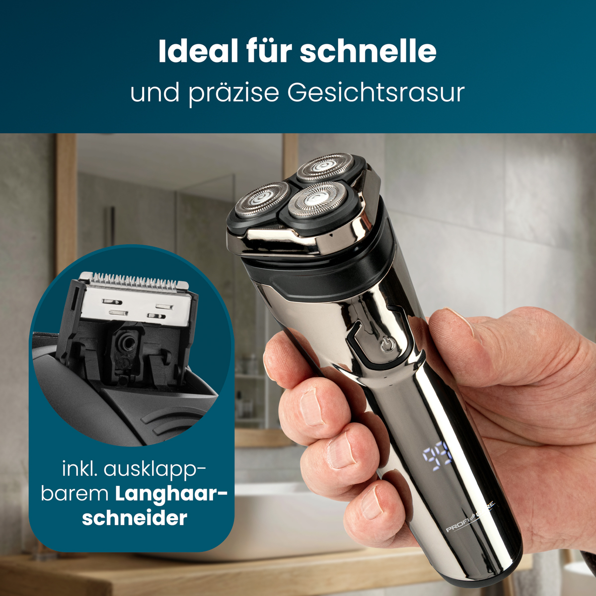 Ein Mann hält einen silbernen Elektrorasierer mit drei rotierenden Köpfen und einem ausklappbaren Trimmer.