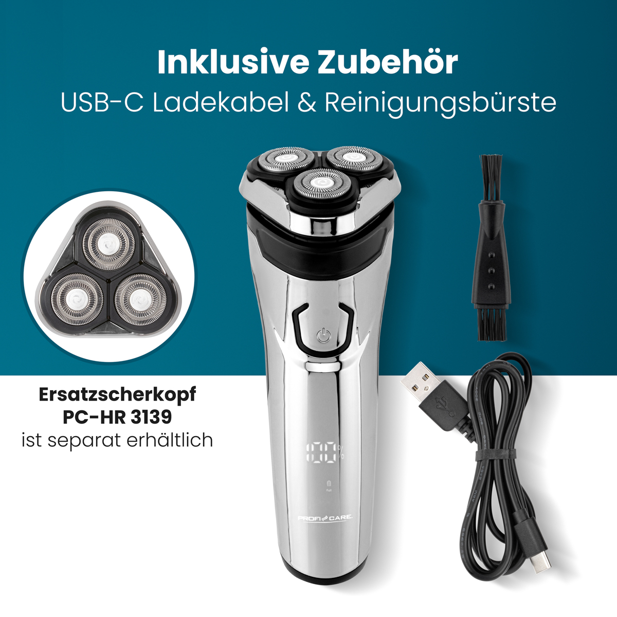 Elektrischer Rasierer mit Zubehör: Ersatzscherkopf, USB-C Kabel und Bürste.