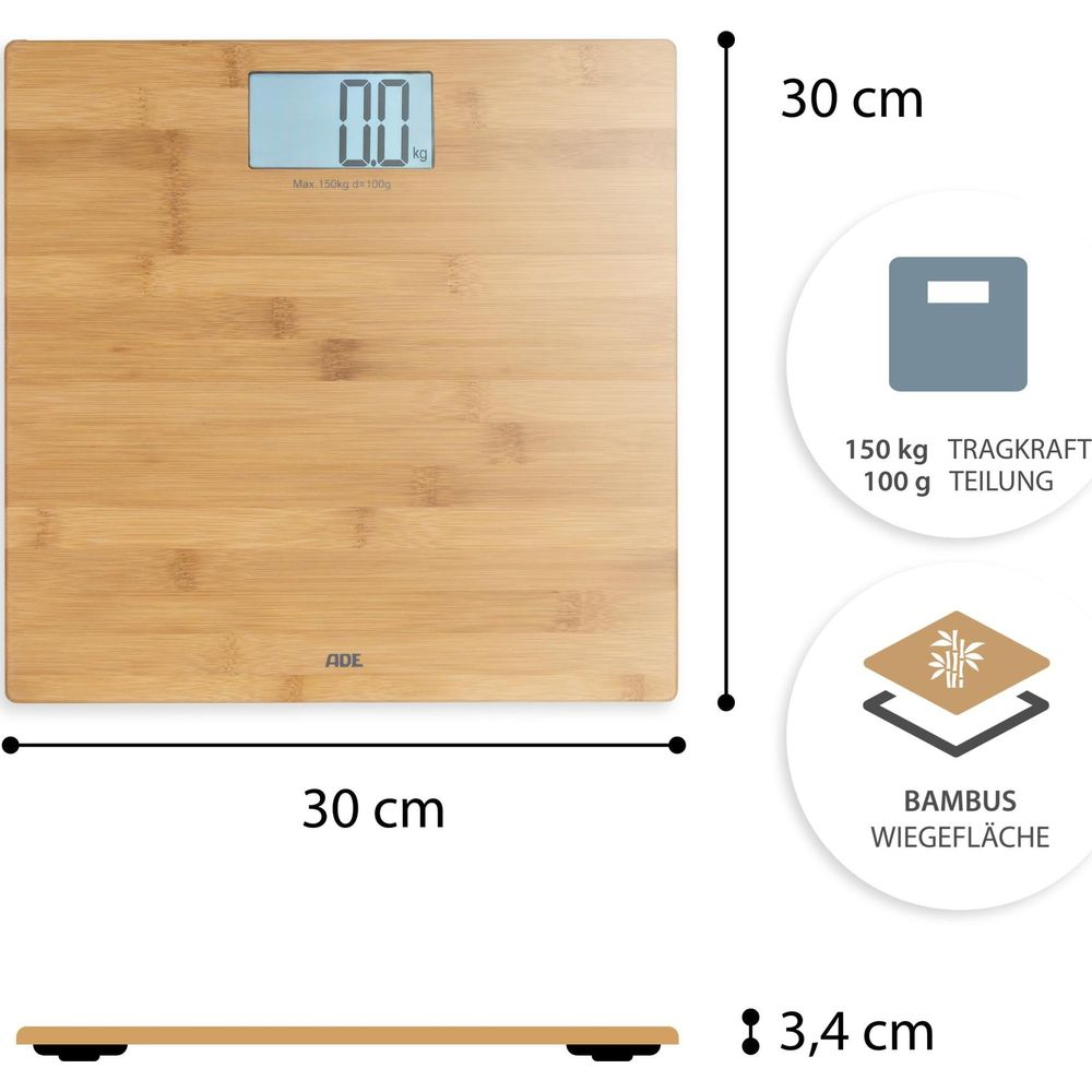 Bilancia digitale in bambù, 30x30 cm, capacità 150 kg, altezza 3,4 cm.
