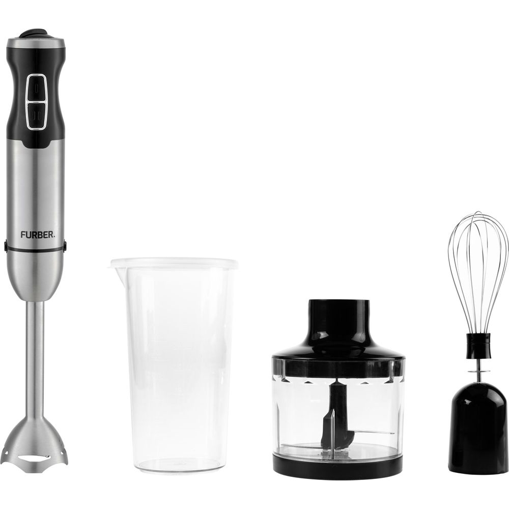 Batteur plongeant en acier inoxydable avec accessoires : gobelet, hachoir et fouet.