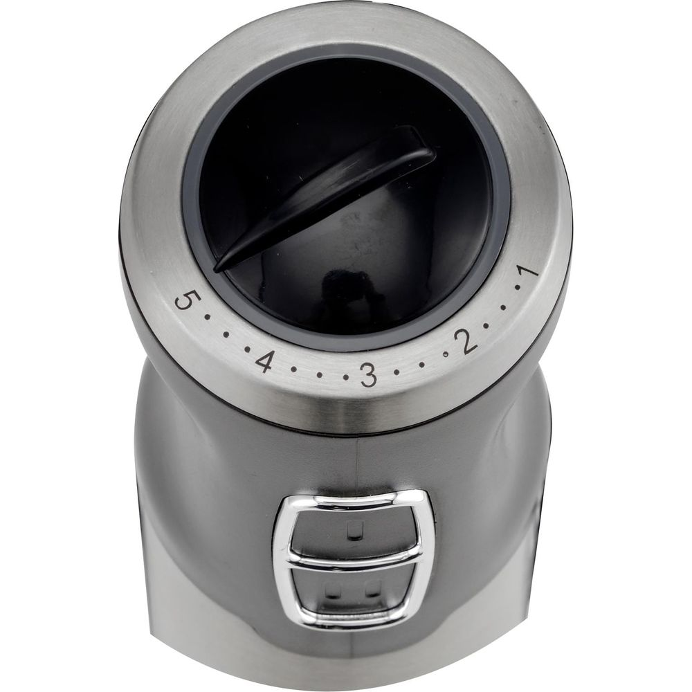 Mixeur gris avec cadran noir et chiffres 1-5.