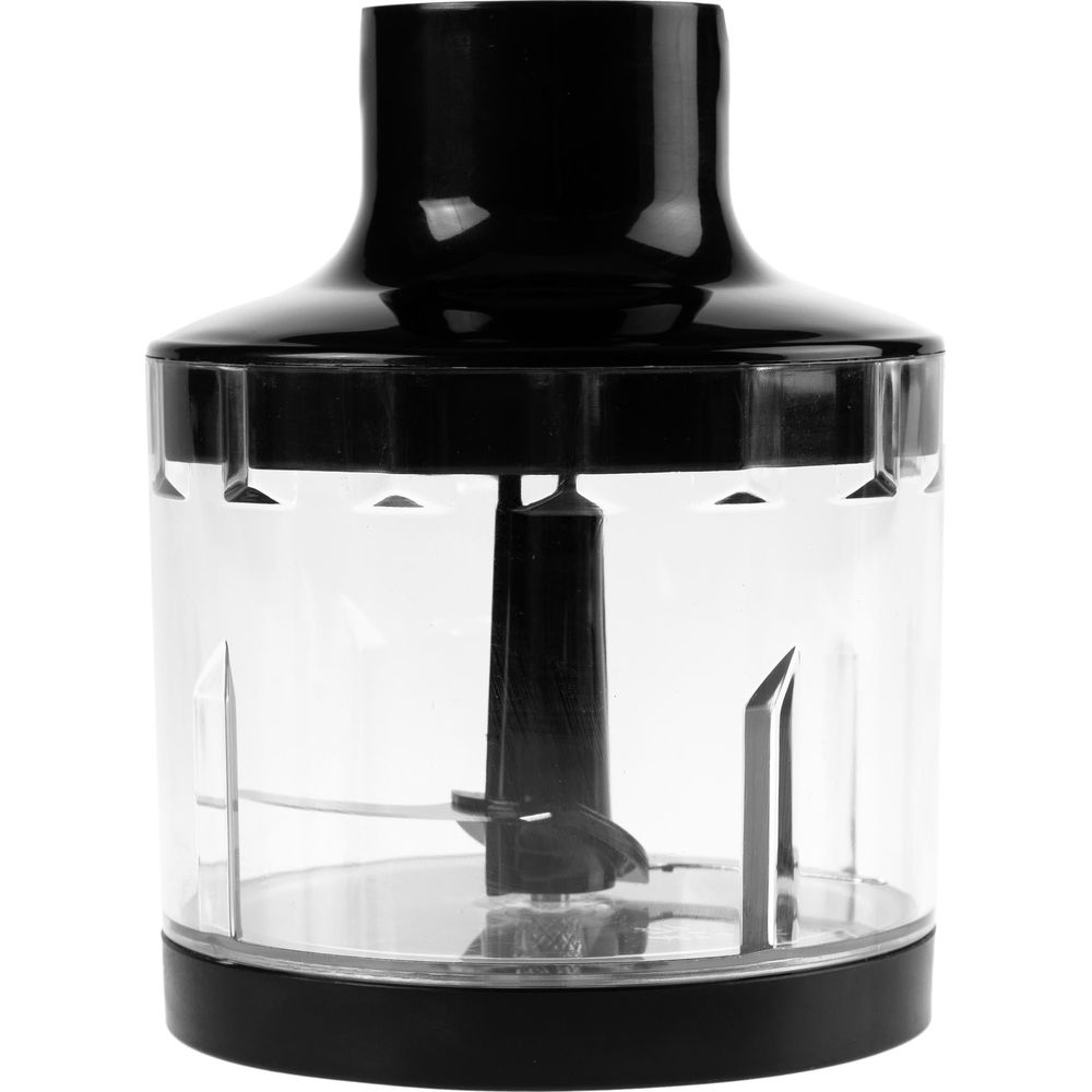 Gros plan d'un accessoire de mixeur plongeant noir avec récipient transparent et lames.
