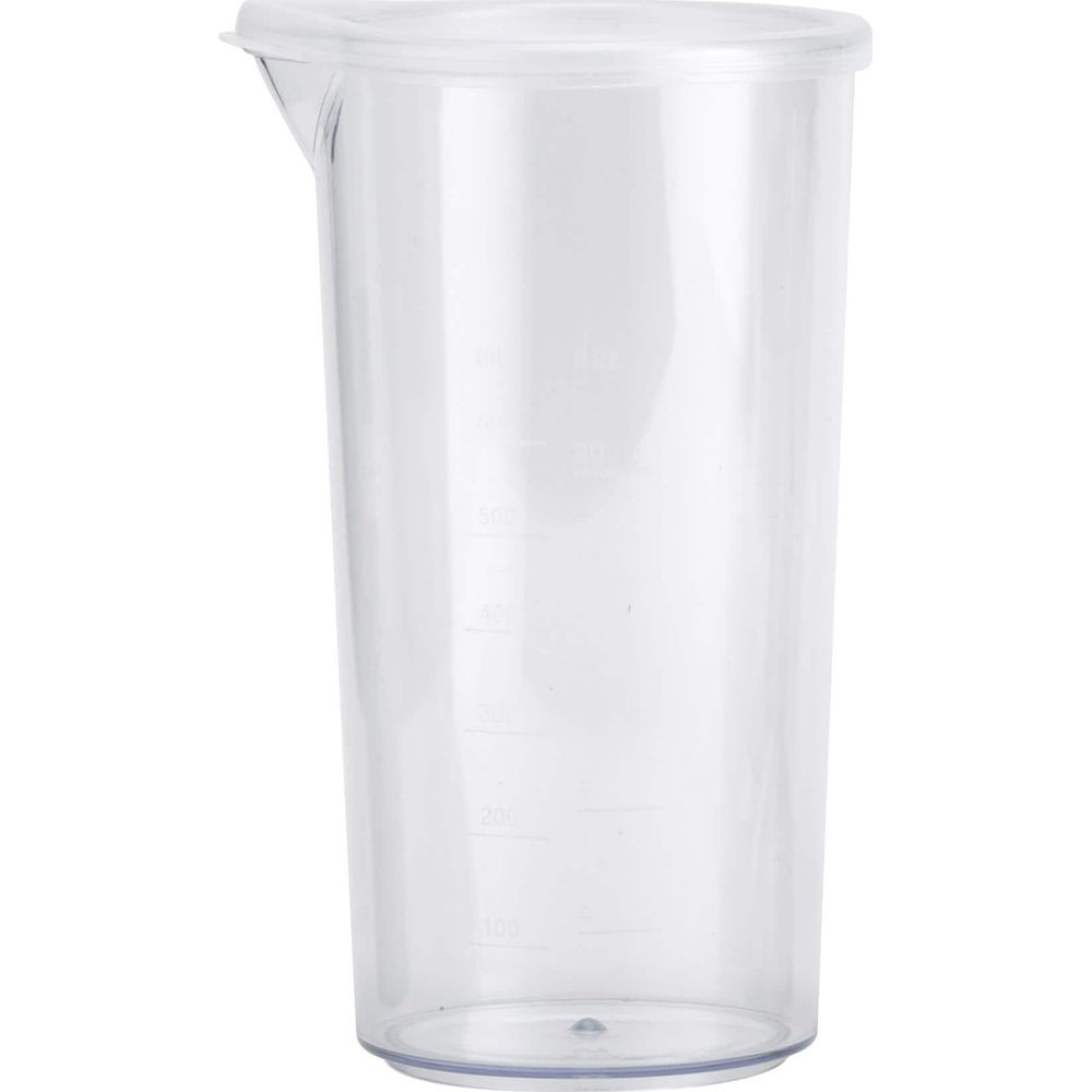 Un gobelet mesureur en plastique transparent avec couvercle et graduations.