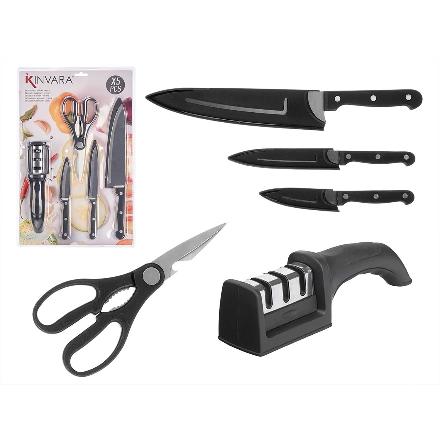 Un juego de cuchillos de cocina con bloque, tijeras y afilador.