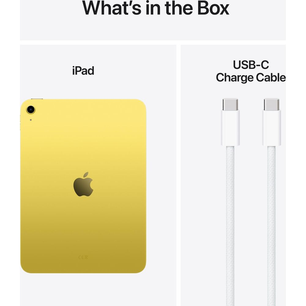 iPad giallo con logo Apple e due cavi USB-C bianchi.