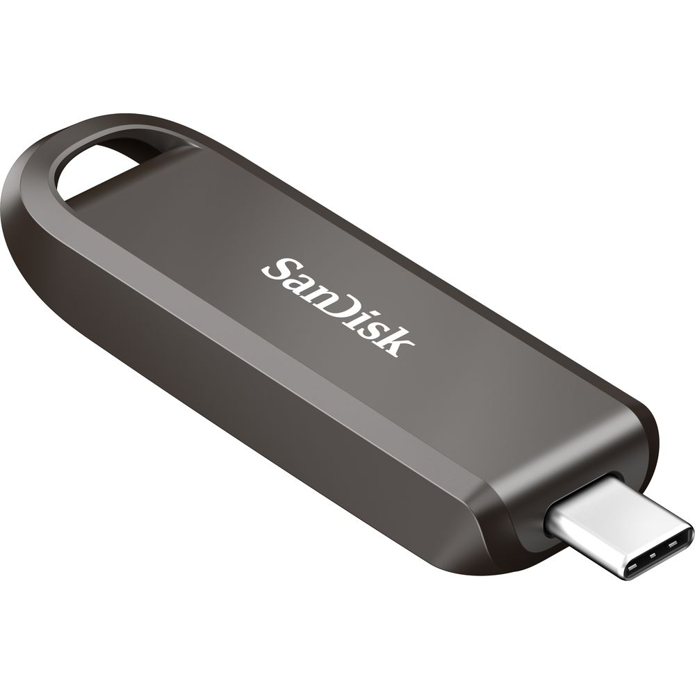 Dunkler SanDisk USB-C Stick mit silbernem Anschluss und Schlaufe.