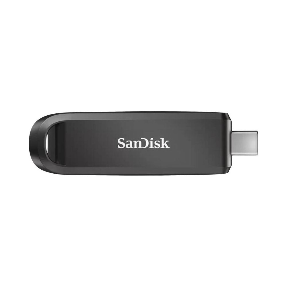 Schwarzer SanDisk USB-Stick mit silbernem Stecker, auf weißem Hintergrund.