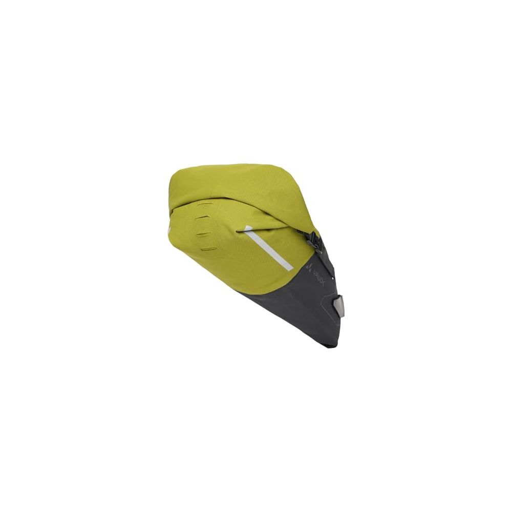 Un sac de vélo jaune avec des accents gris et une bande réfléchissante.