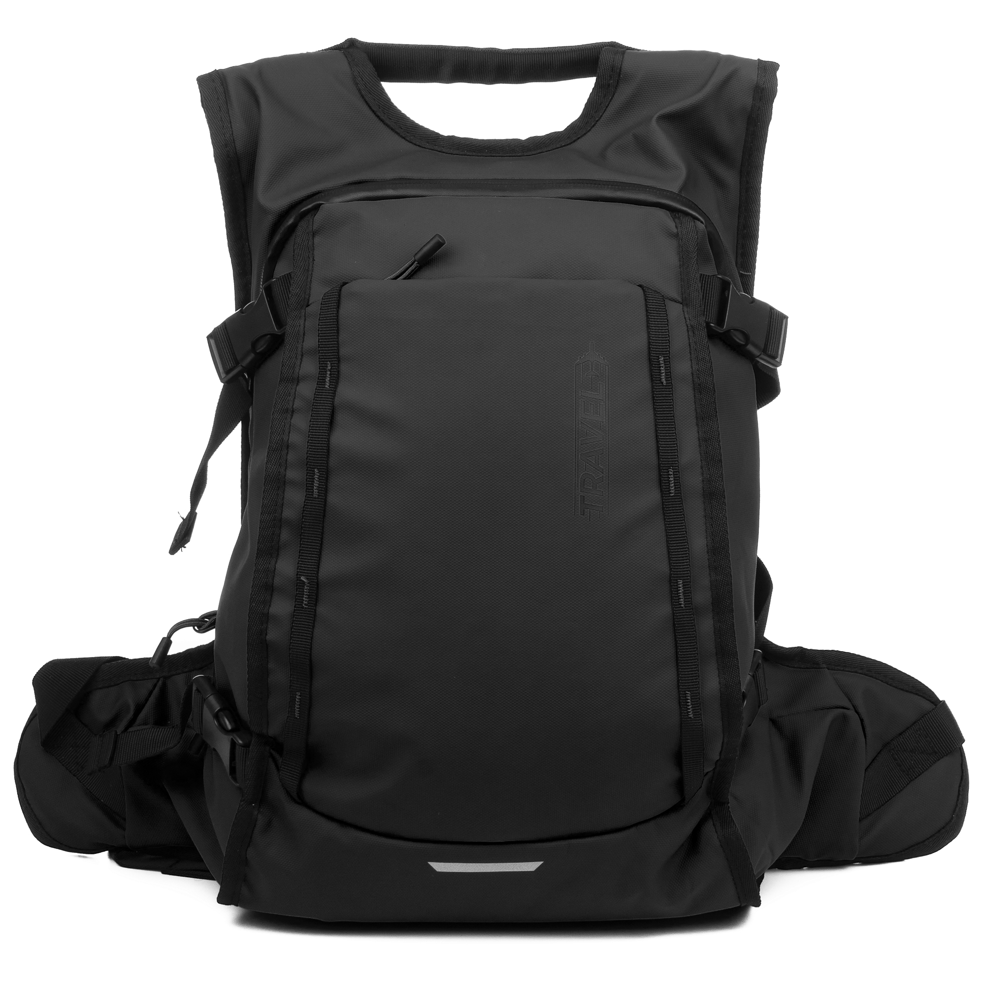 Mochila negra con bolsillos laterales, hebillas y franja reflectante.