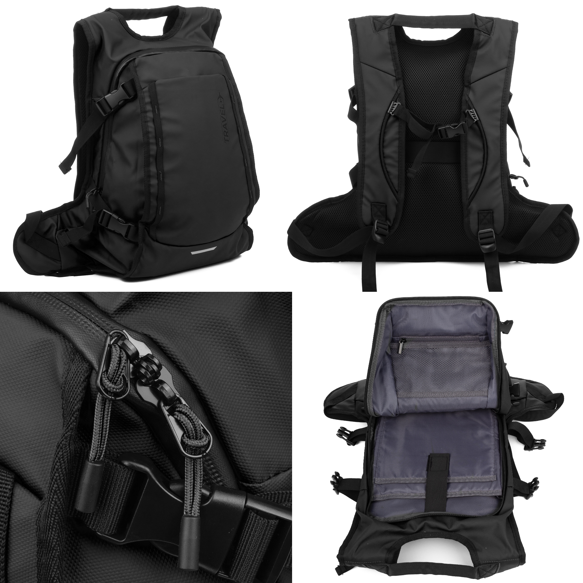 Mochila negra: vistas frontal, trasera, lateral e interior.