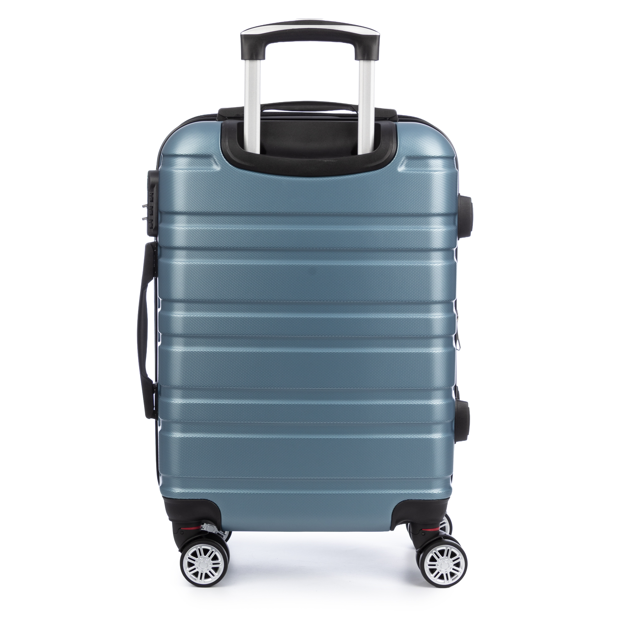 Un trolley blu con manico retrattile e quattro ruote.