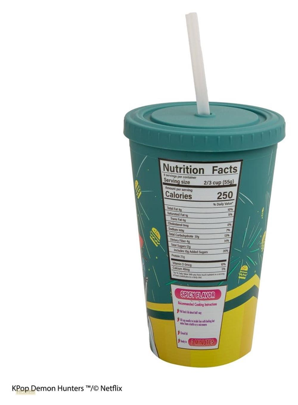 Ein grüner Becher mit Nährwertangaben und einem Strohhalm.