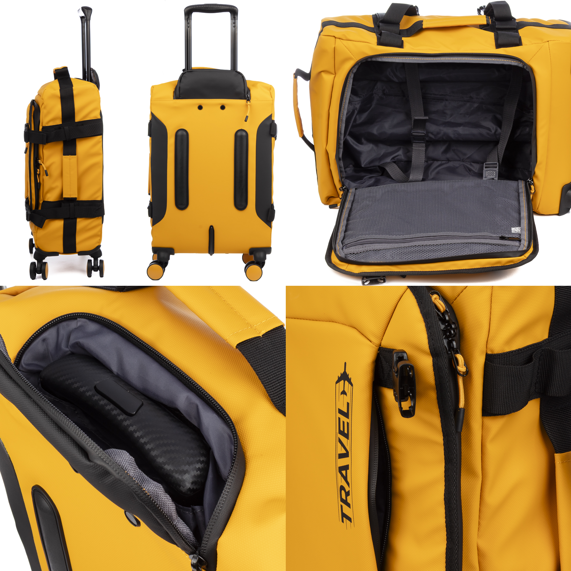 Gelbe Reisetasche mit schwarzen Gurten, Rollen und Teleskopgriff. Innentaschen.