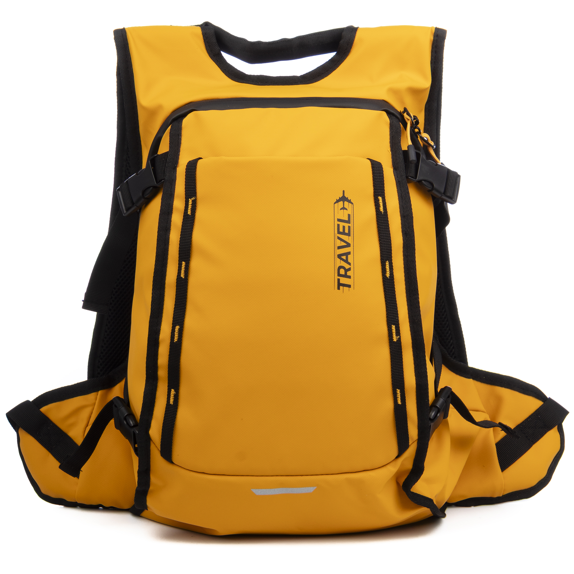 Ein gelber Rucksack mit schwarzem Rand und Aufdruck 'TRAVEL'.