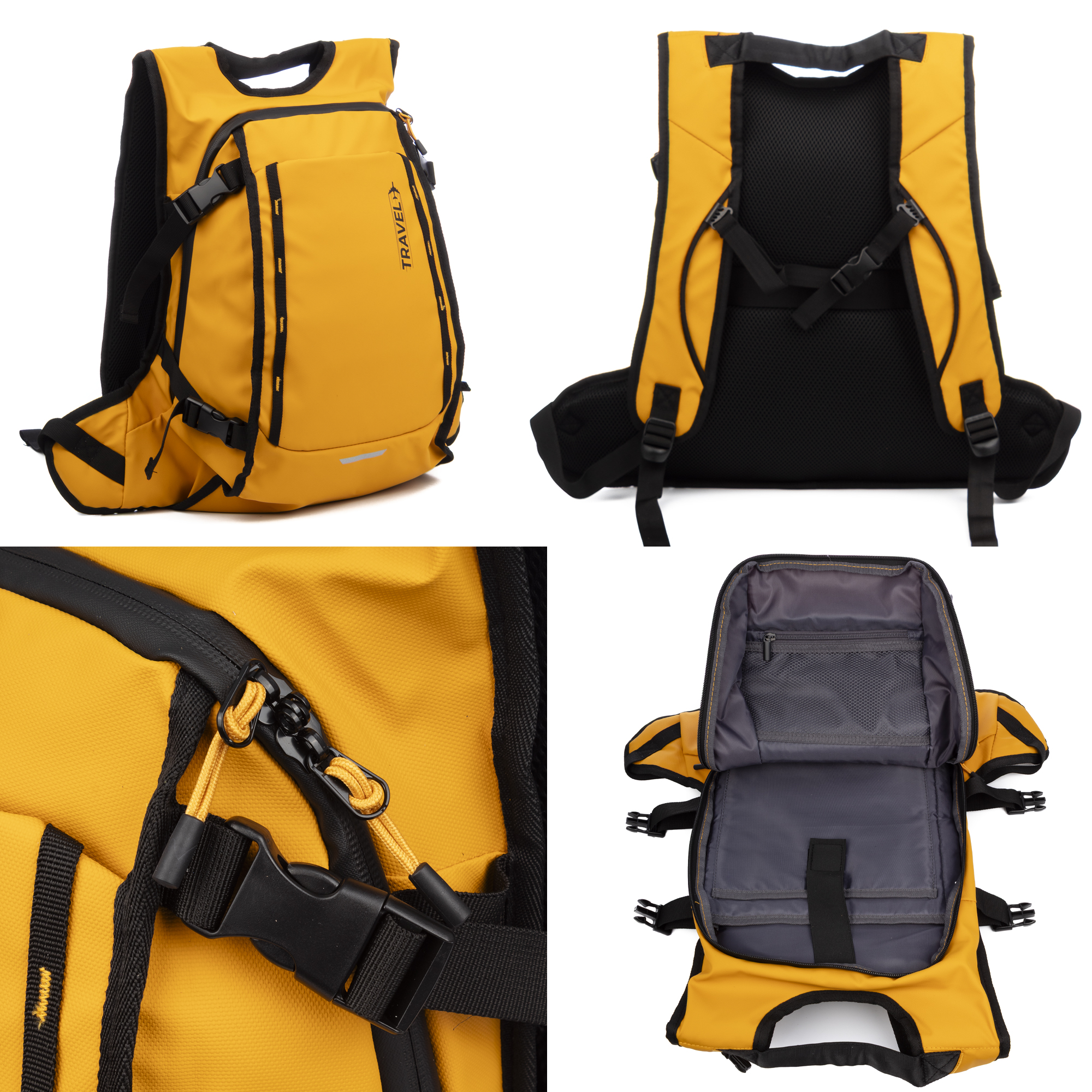 Ein gelber Rucksack mit schwarzen Akzenten, vorne und hinten gezeigt.