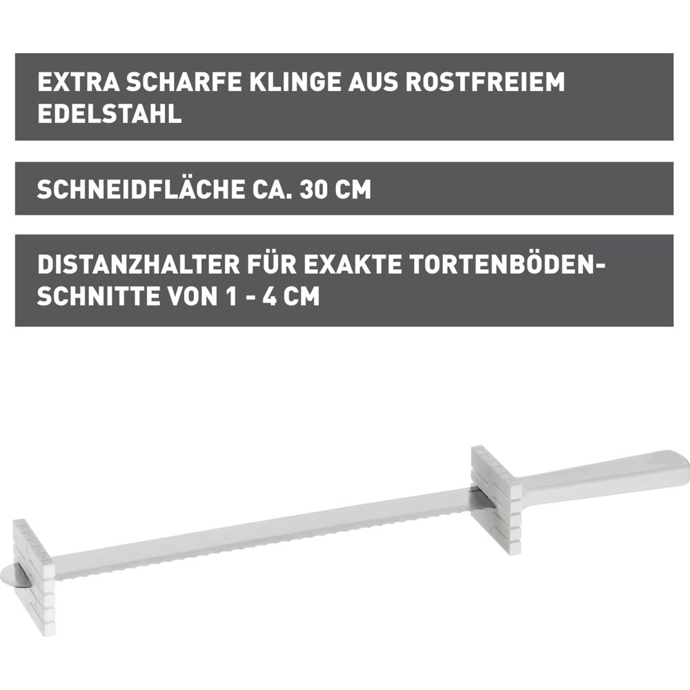Ein verstellbarer Tortenteiler aus Edelstahl mit einer 30cm langen Klinge.