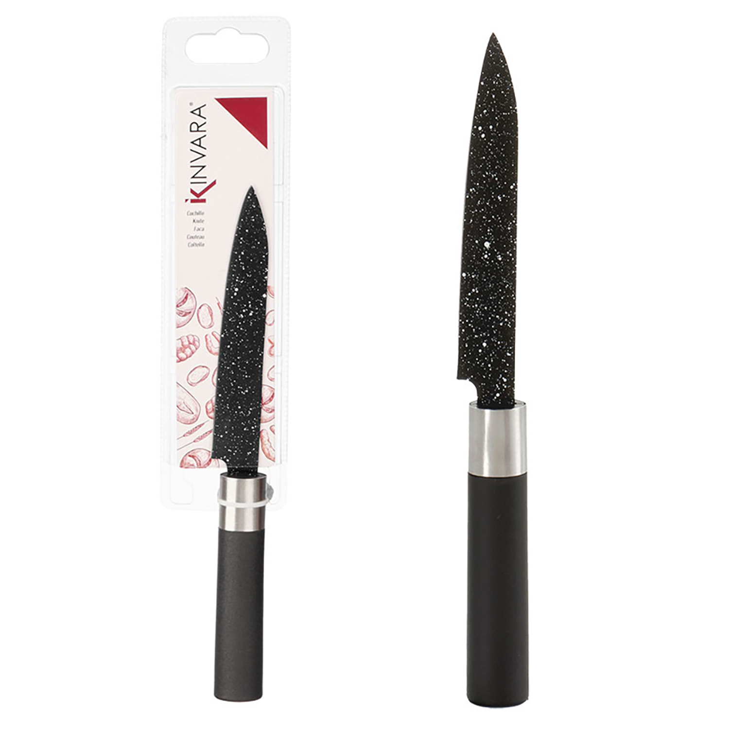 Un cuchillo de cocina con hoja negra moteada y mango plateado, en embalaje.