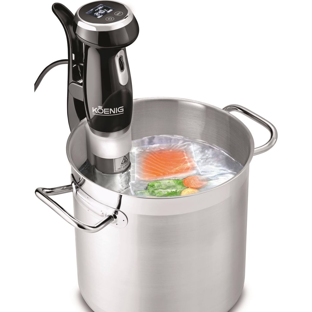 Un appareil de sous vide dans une casserole d'eau avec du saumon et des légumes scellés.
