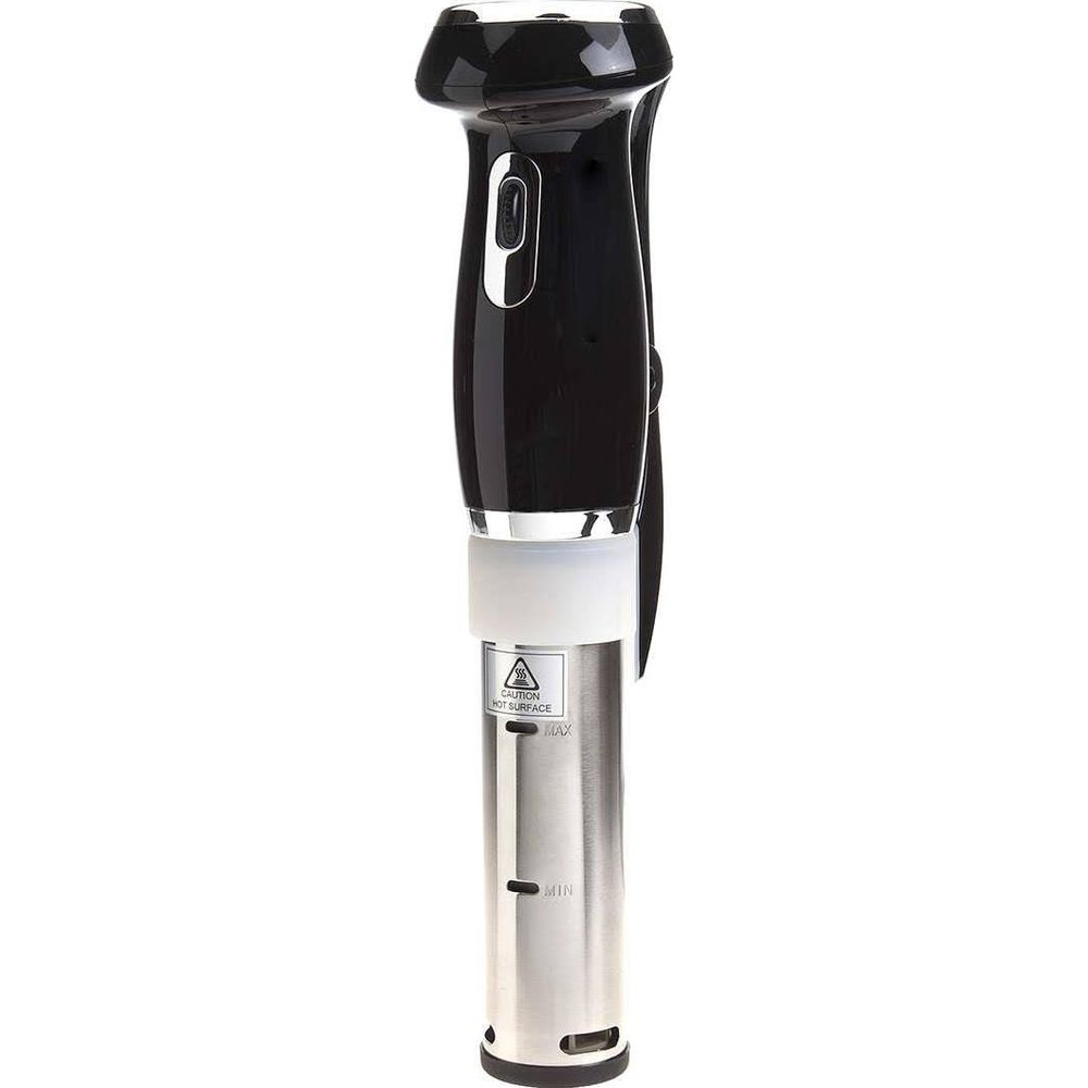 Mixeur plongeant noir avec tige en acier inoxydable et étiquette d'avertissement.