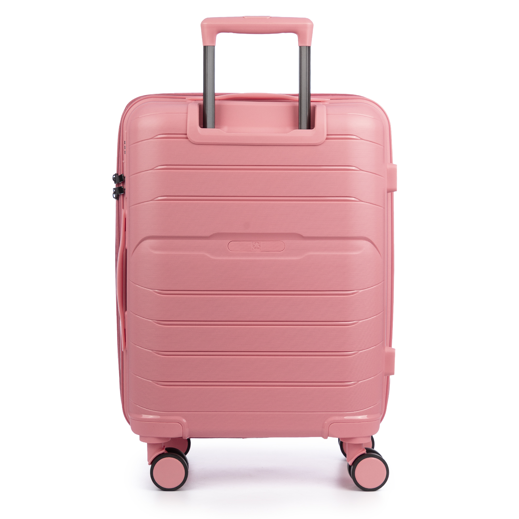 Una maleta rosa con asa retráctil y cuatro ruedas.