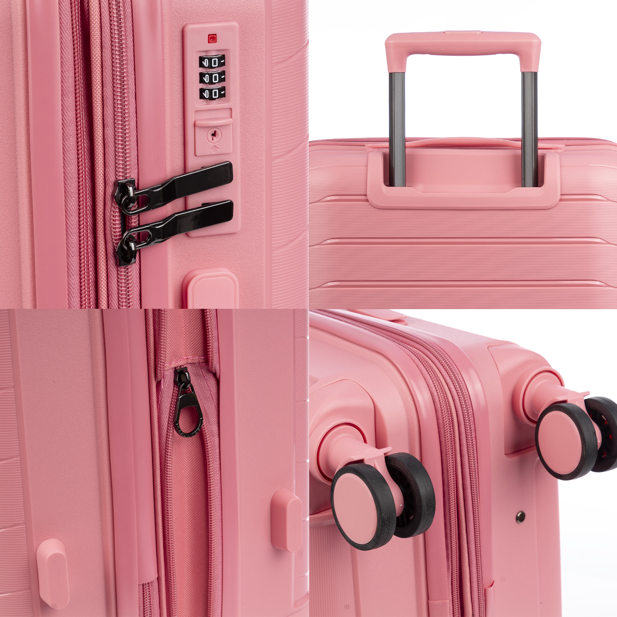Primer plano de una maleta rosa que muestra cremallera, candado de combinación y ruedas.