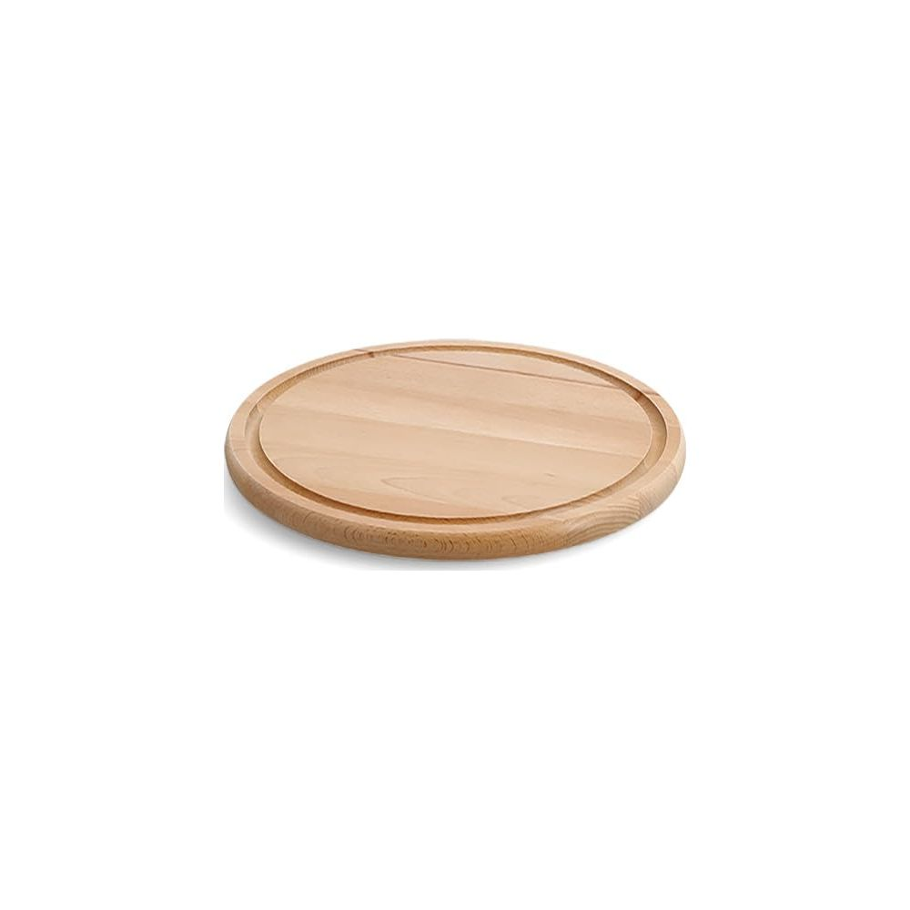 Un tagliere rotondo in legno con una scanalatura.