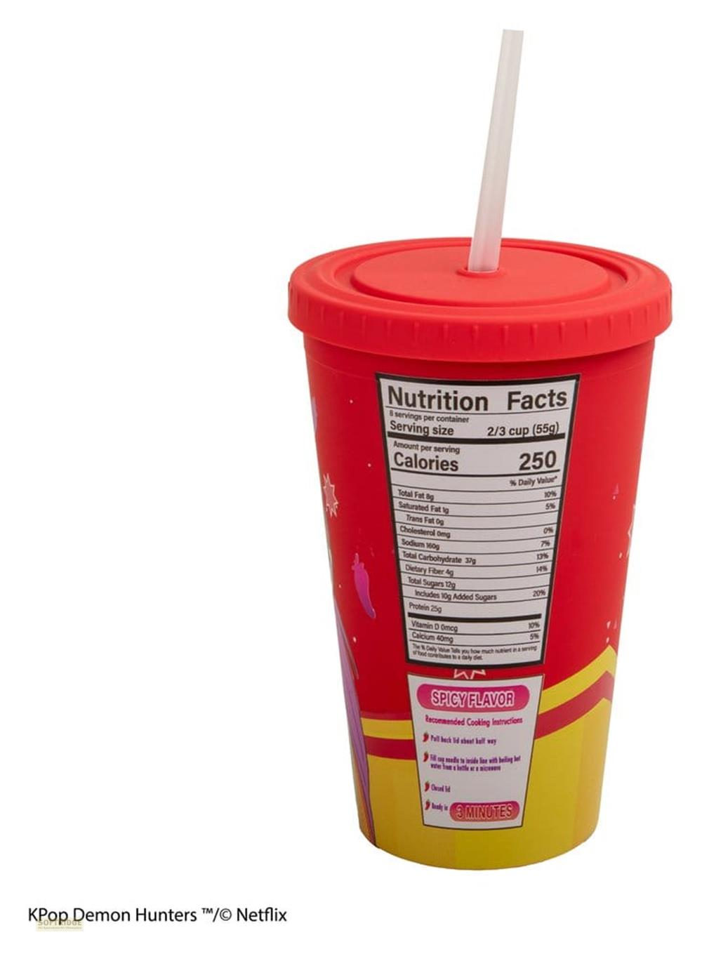Taza roja con información nutricional y pajita. Incluye "Spicy Flavor" e instrucciones.
