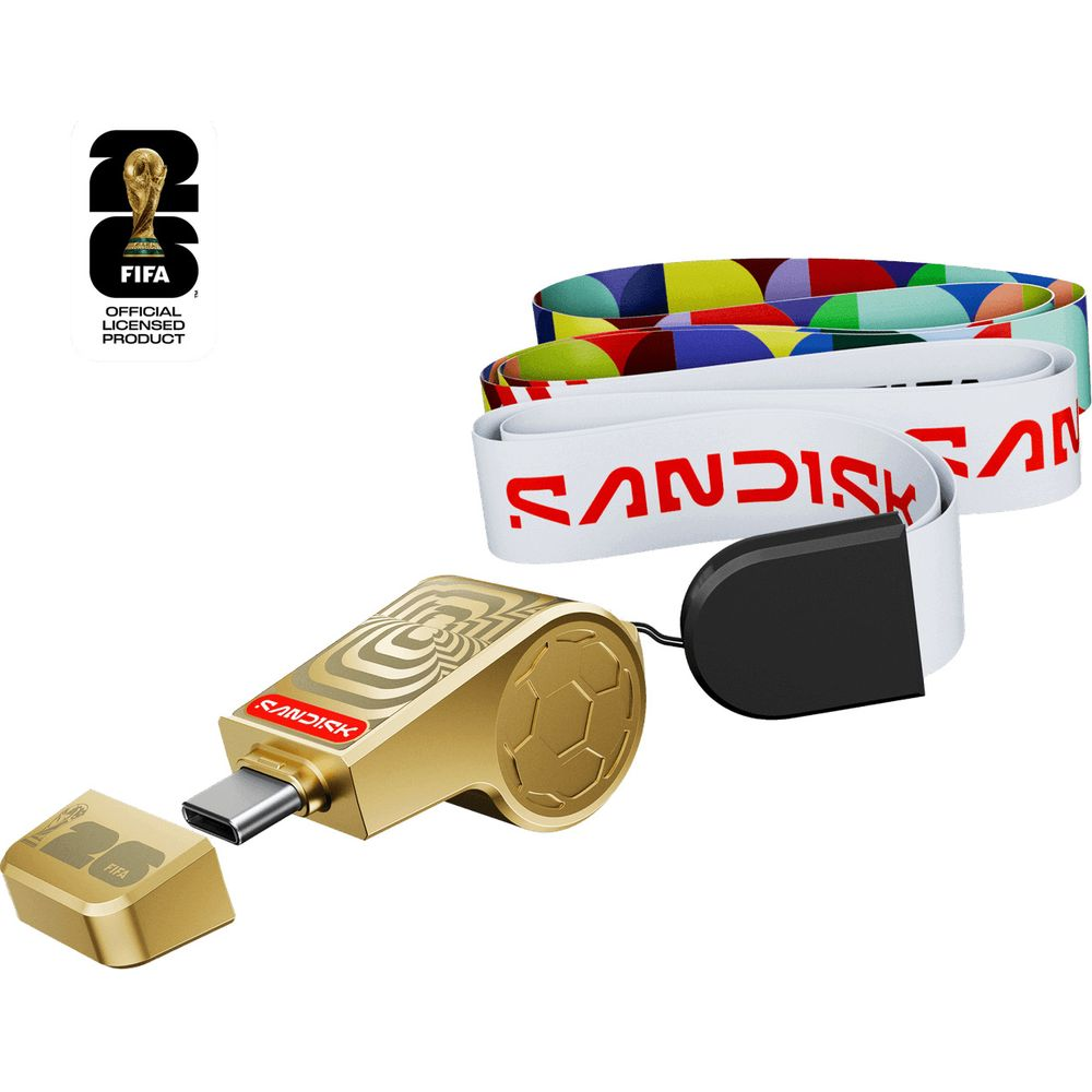 Chiavetta USB SanDisk dorata a forma di fischietto, logo FIFA e laccetto.