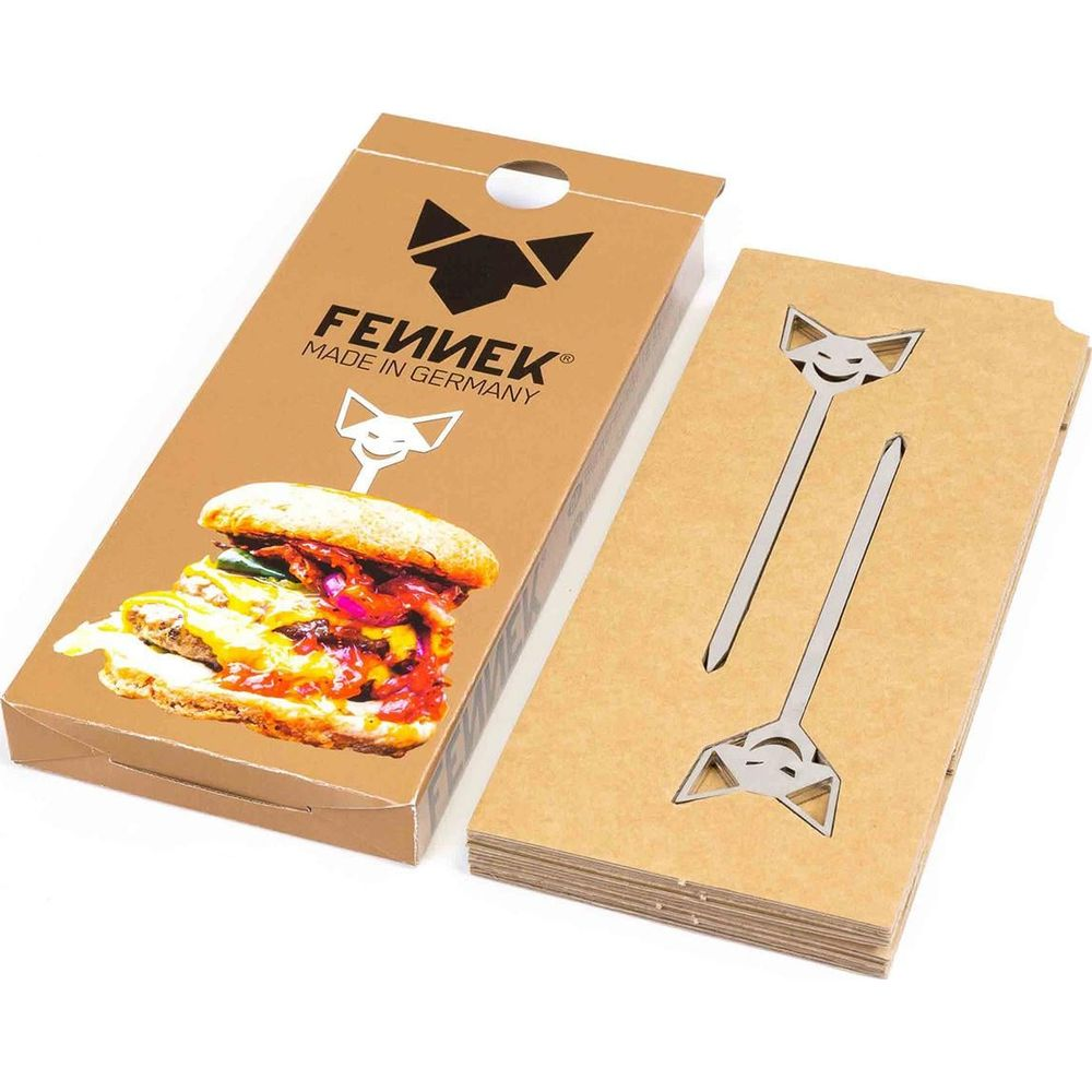Eine Packung mit Burgern auf der linken Seite und Gabeln auf der rechten Seite.