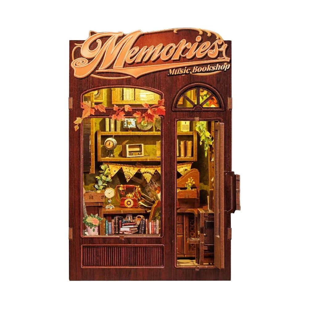 Holzminiatur eines Musikbuchladens mit Büchern, Telefon und Dekorationen.