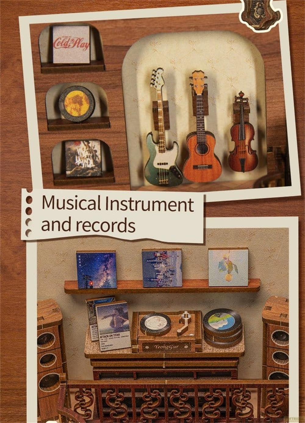Miniatur-Musikinstrumente und Schallplatten-Display mit Gitarren, Geige, Plattenspieler und Lautsprechern.