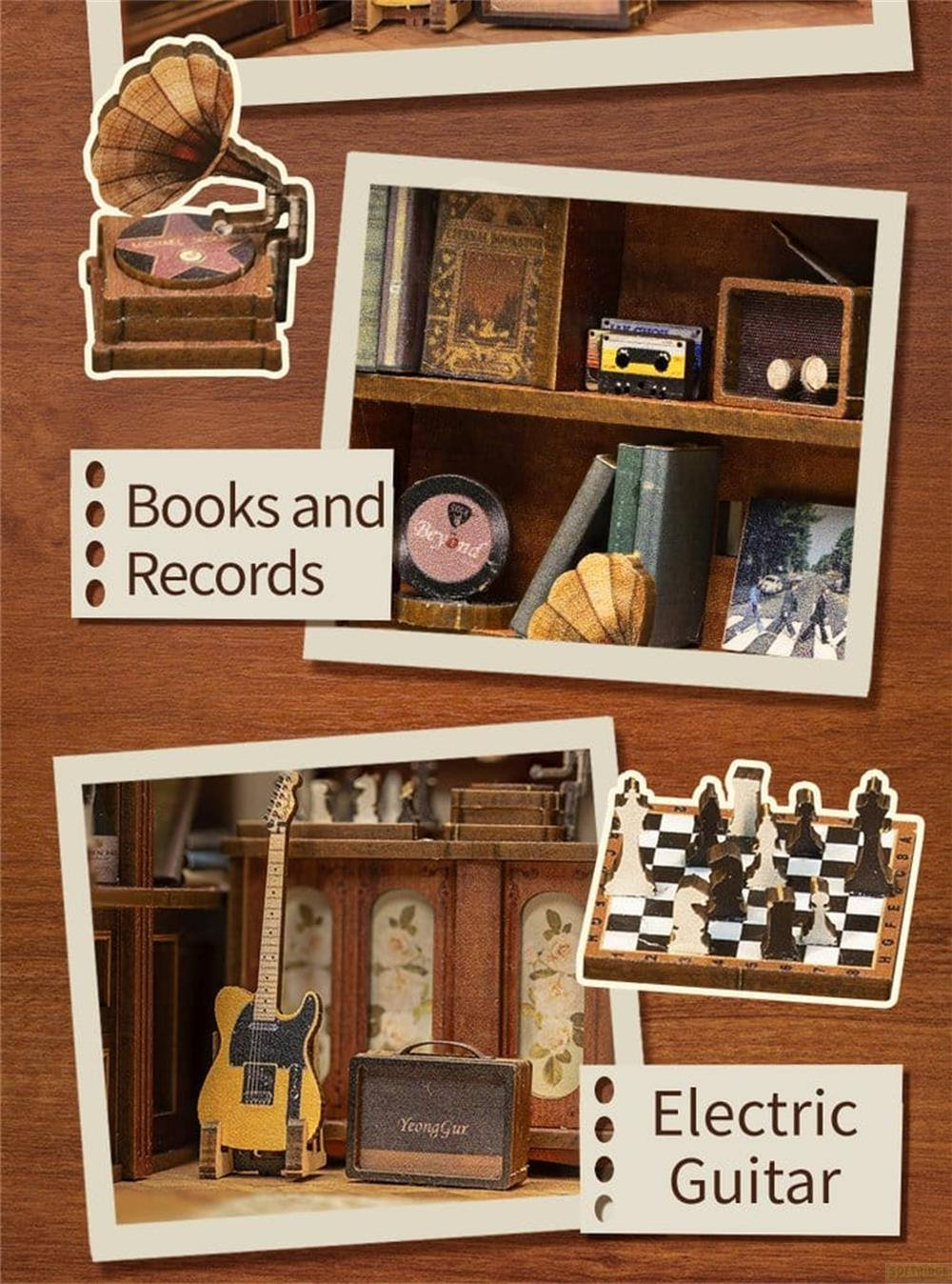 Eine Miniaturgrammophon, Bücher, eine Kassette und eine Schallplatte sind ausgestellt.