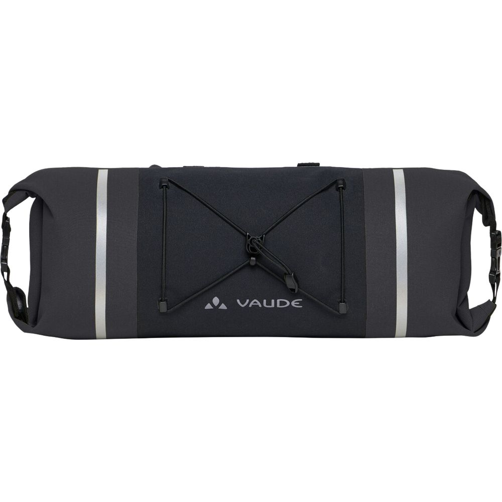 Sacoche de vélo VAUDE noire imperméable avec cordons élastiques et bandes réfléchissantes.