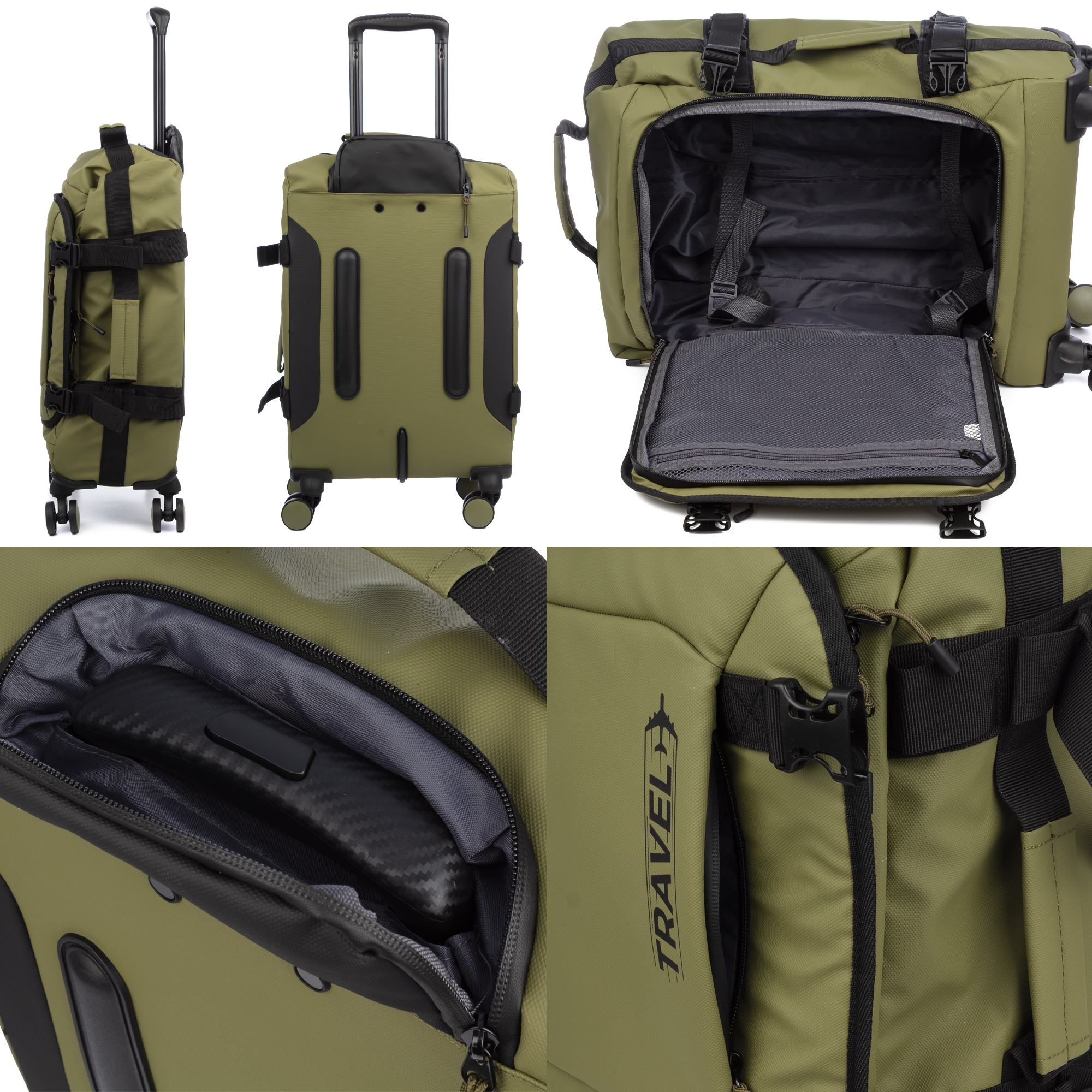 Bolsa de lona verde con ruedas y asa telescópica, compartimento principal abierto.