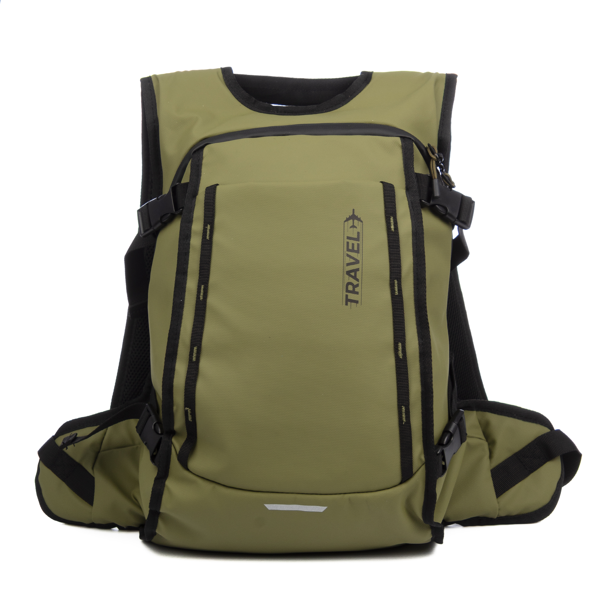Mochila verde con detalles negros y la palabra TRAVEL.