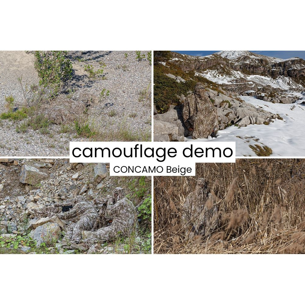 Quattro immagini mostrano mimetizzazione: Tuta ghillie beige in terreno roccioso, verde e tra le canne.