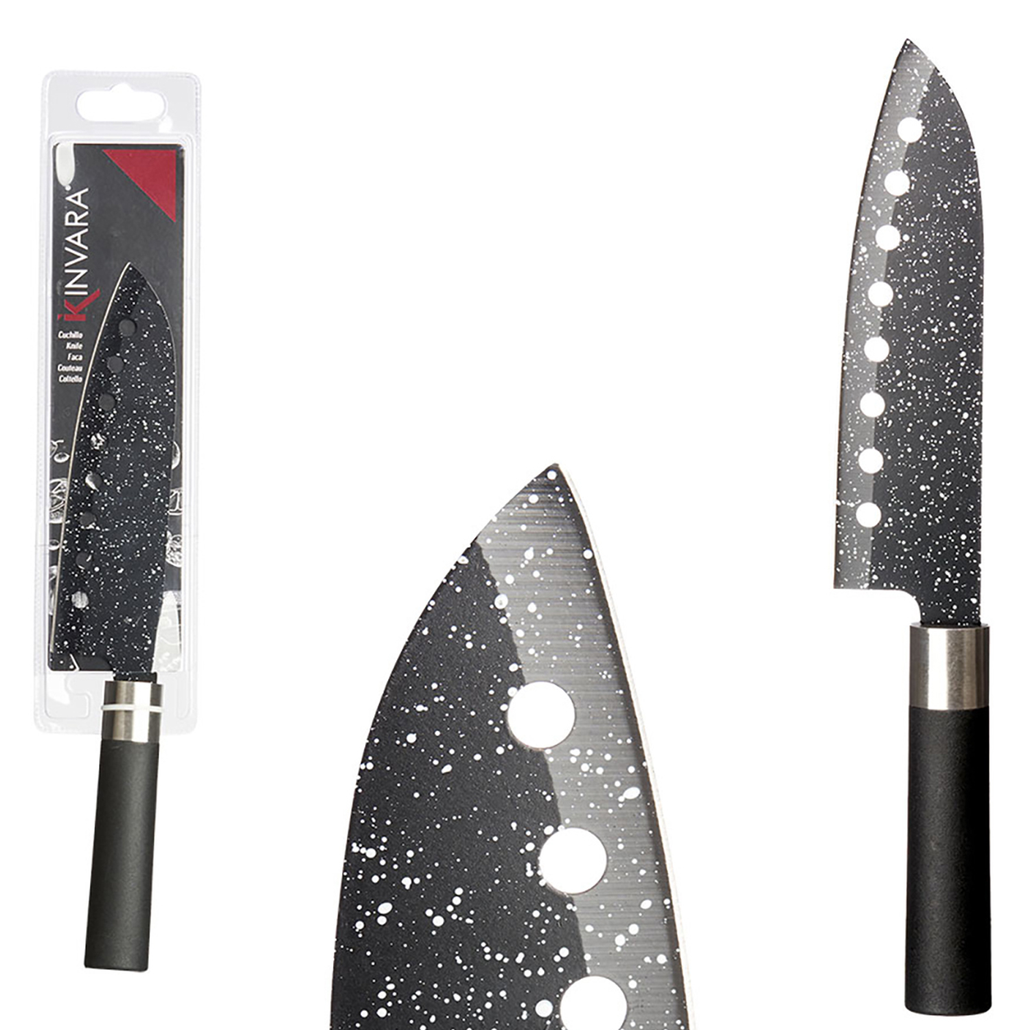 Un cuchillo de cocina con mango negro y hoja moteada, mostrado en empaque.