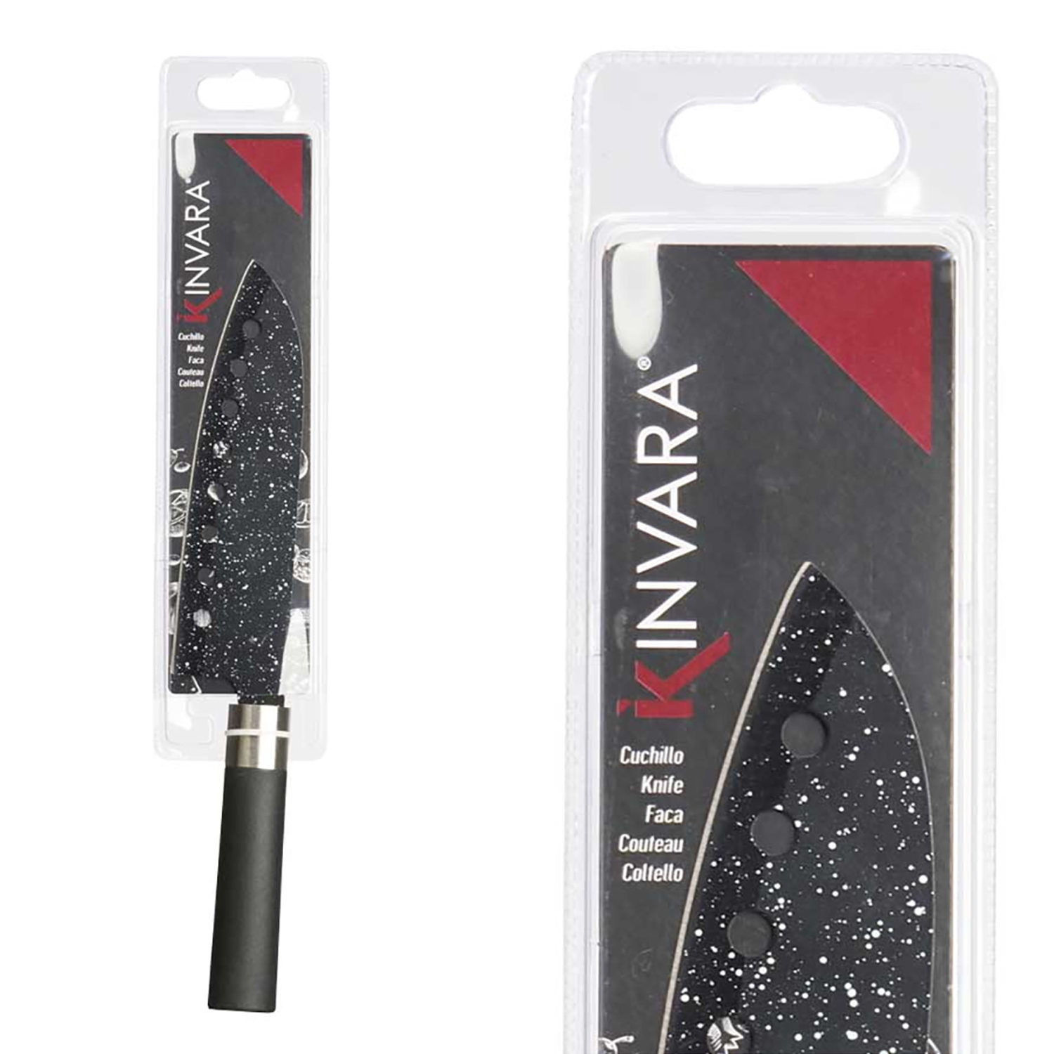 Un cuchillo de cocina con mango negro y hoja negra con motas blancas en embalaje.