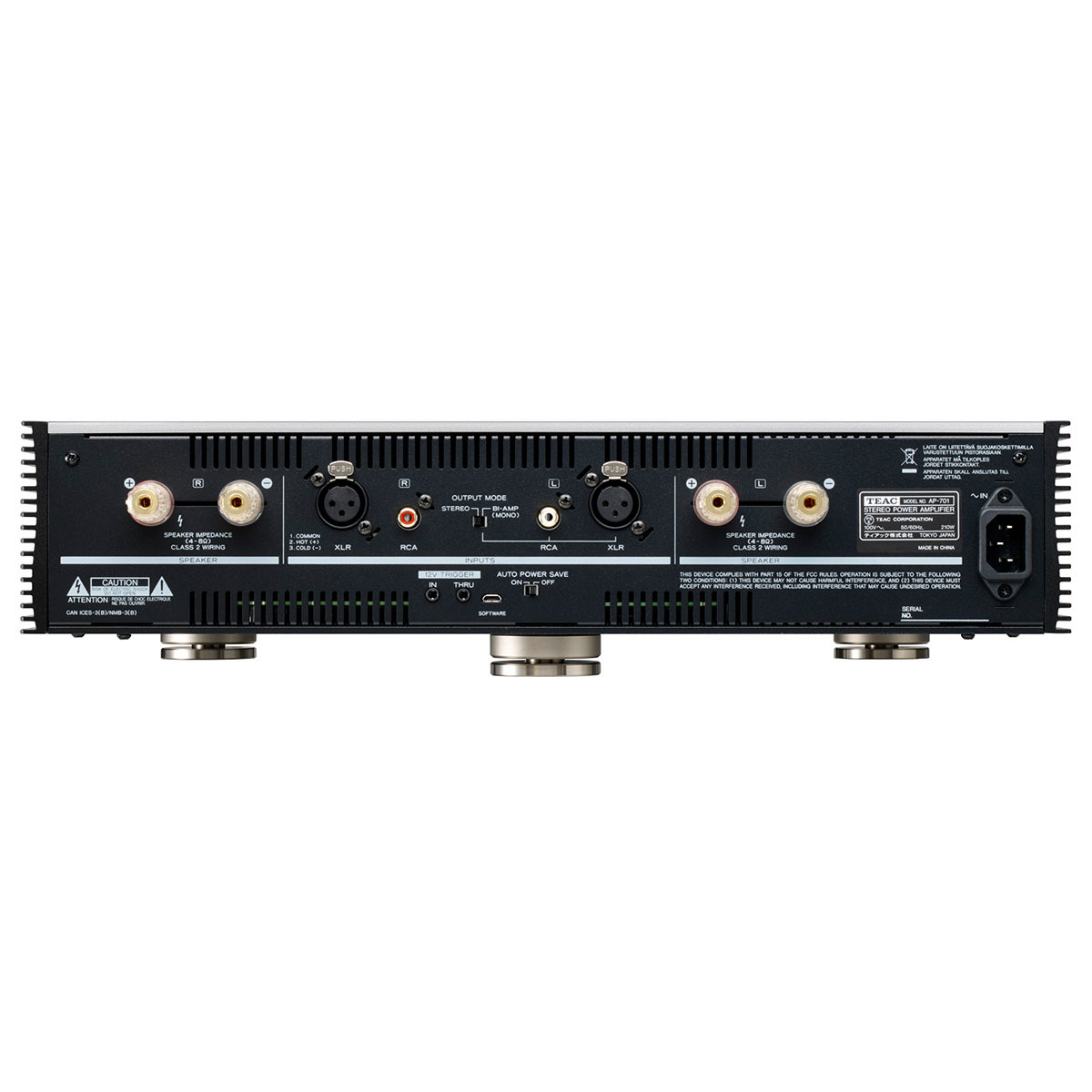 Rückseite eines Verstärkers mit Anschlüssen: Lautsprecher, XLR, RCA, Trigger, Strom.