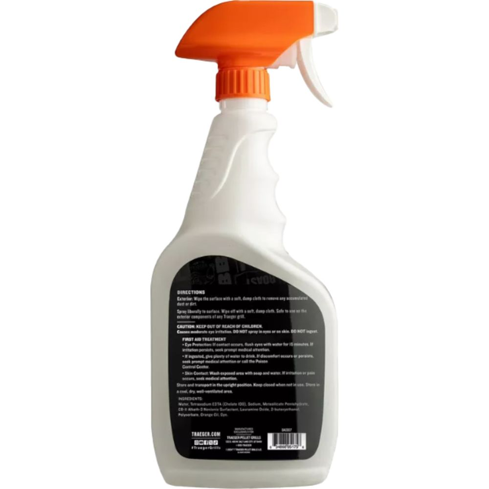 Weiße Sprühflasche mit orangefarbenem Sprühkopf und Etikett mit Anweisungen.