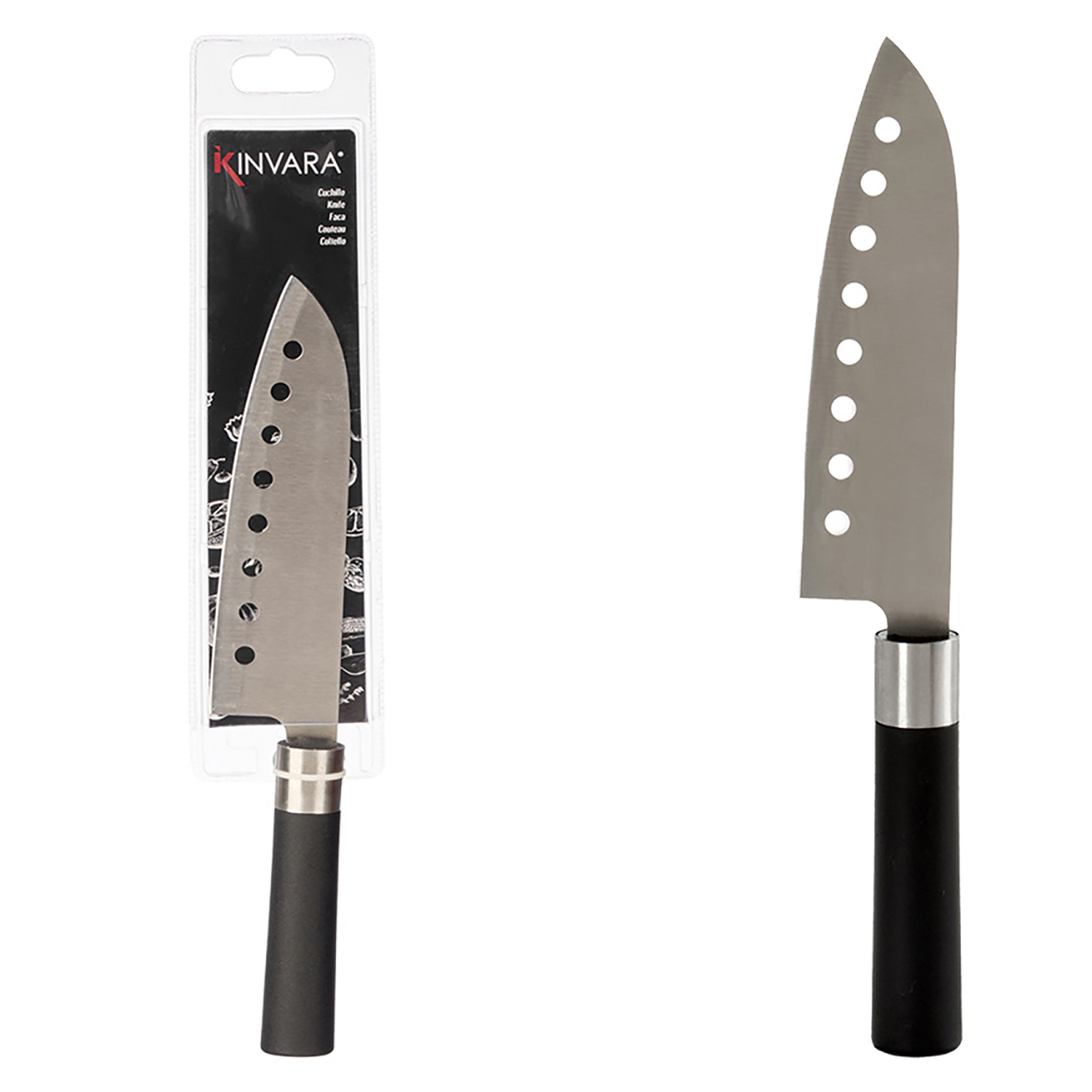 Un cuchillo de cocina en empaque y un cuchillo con mango negro.