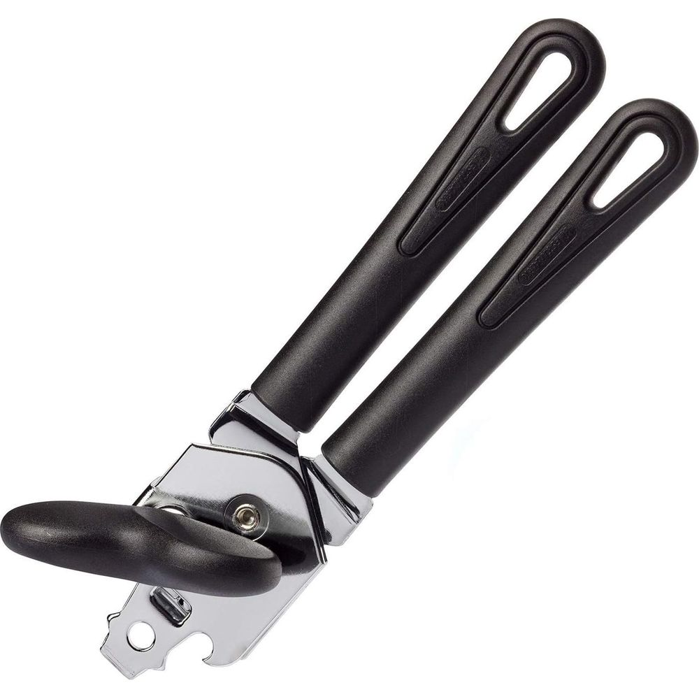 Ein schwarzer Dosenöffner mit Metallschneidemechanismus und zwei Griffen.