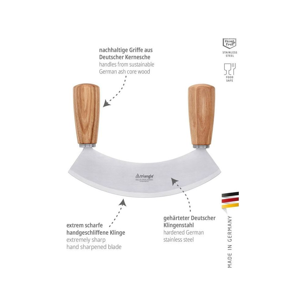 Ein Mezzaluna-Messer mit Holzgriffen, gefertigt aus gehärtetem Edelstahl. Hergestellt in Deutschland.