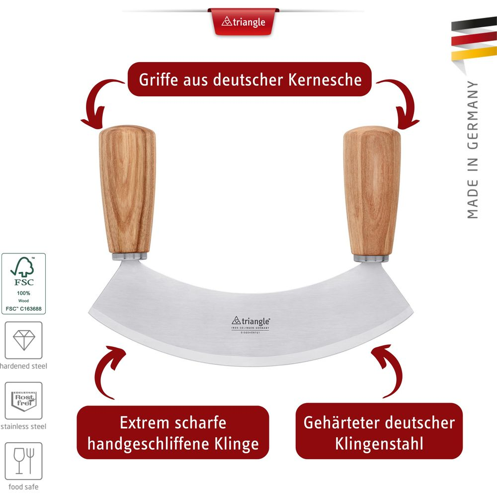 Ein Mezzaluna-Messer mit Holzgriffen und einer gebogenen Klinge. Beschriftungen erläutern die Materialien.