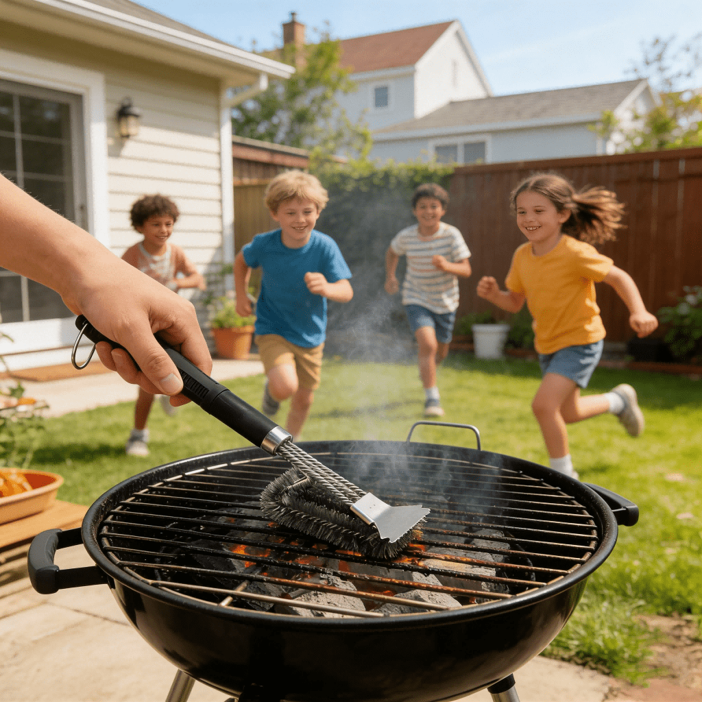 Hand putzt Grill, Kinder rennen im Garten. Heiße Kohlen qualmen.