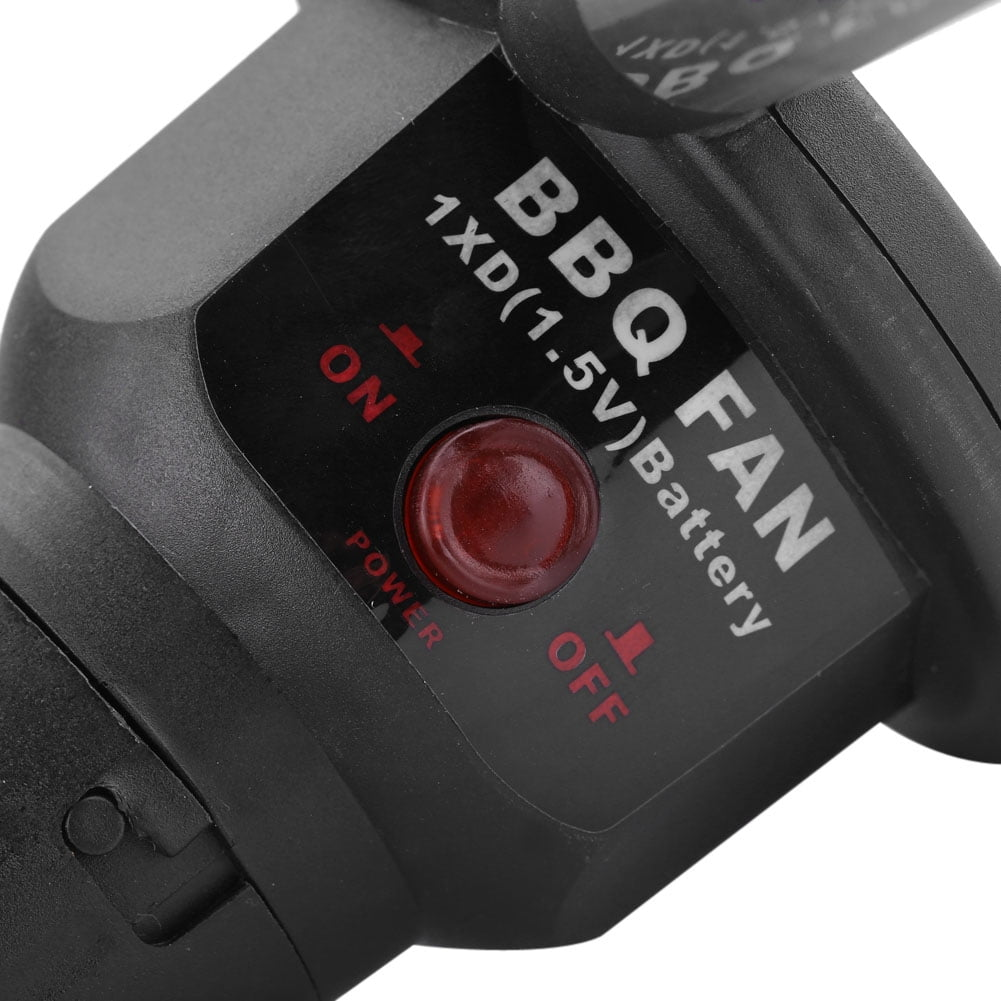 Ein schwarzer BBQ-Lüfter mit einem roten Ein-/Ausschalter und der Aufschrift 1XD(1.5V) Battery.
